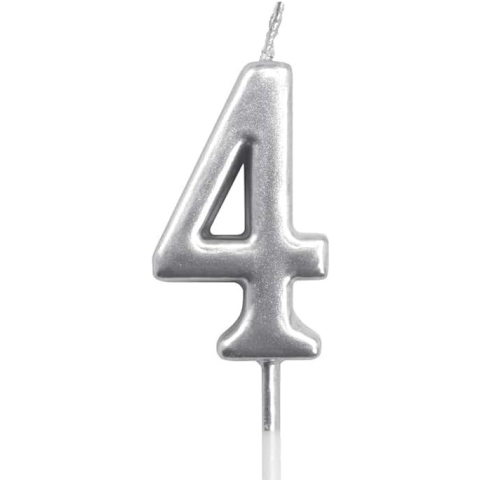 Lumanari si Toppere - Lumanare de Tort, Model Cifra 4, Party, 4.5 x 2.5 cm, din Parafina, Argintiu