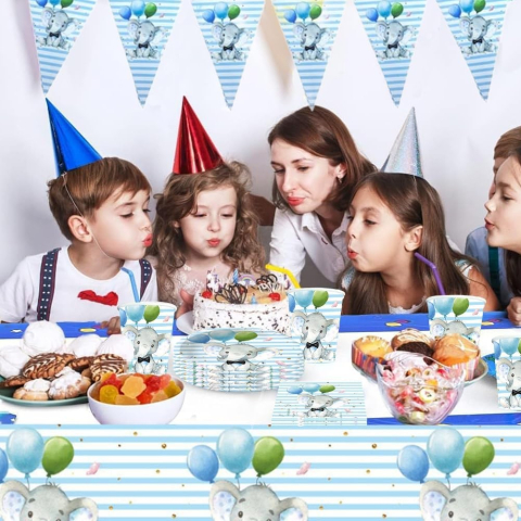 Set 10 Farfurii Unica Folosinta, Imprimeu Elefant, din Carton, 22 cm, Albastru [1]