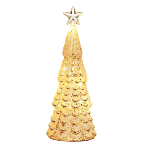 Decoratiuni Luminoase - Decoratiune de Craciun, Model Brad cu Stea, din Sticla, Lumini, Baterii 3 AA, 24 x 8 cm, Auriu