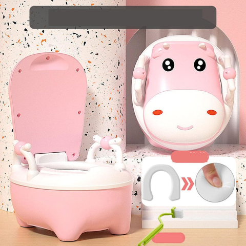 Olita pentru Copii, +1an, Portabila, Design Vacuta cu Capac, Model Prietenos, Non-Toxic, cu Manere, Compartiment Detasabil, Perie Inclusa, Usor de Curatat, Roz [3]