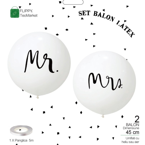 Set 2 Baloane din Latex, Tip Jumbo, Model Mr si Mrs, Tema Nunta, 45 cm, Alb [6]