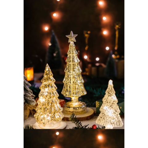 Decoratiune de Craciun, Model Brad cu Stea, din Sticla, Lumini, Baterii 3 AA, 24 x 8 cm, Auriu [4]