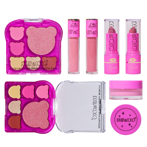 Ingrijire personala si cosmetice - Set 6 Produse de Machiaj, KEVIN &amp; COCO, Pink Bear, 16.2 x 16 x 2.5 cm