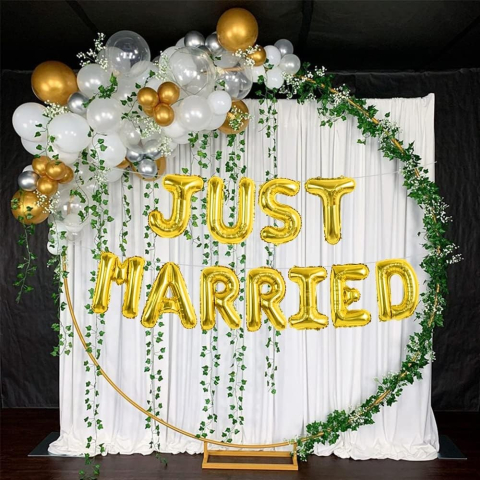 Set Baloane din Folie Metalizata, Model Just Married, Litere de 40 cm, Baloane Party, Ambalaj Individual, Pai, Ata si Adeziv Incluse, Umflare cu Aer sau Heliu, Auriu [3]