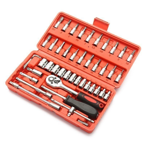 Chei tubulare Set 46 de Piese, Trusa Scule de Reparatii Auto, Prelungitoare Rigid si Flexibil, Articulatie Cardanica, Antrenor de Forta Glisant, Adaptoare, Maner pentru Surubelnita, 23 x 12 x 4 cm, 1.9 kg, Cutie Rosie [1]