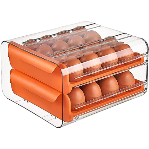 Organizatoare si Depozitare Bucatarie - Suport pentru Oua, Strat Dublu, Capacitate 32 de Oua, 23.5x21.5 cm, din Plastic, Portocaliu