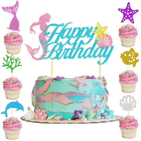 Lumanari si Toppere - Set Toppere pentru Tort si Prajituri, Tematica Sirena, Model Mare Scris Happy Birthday 16.5x8.2 cm, 6 Toppere Mici Model Marin 5x5 cm, Multicolor