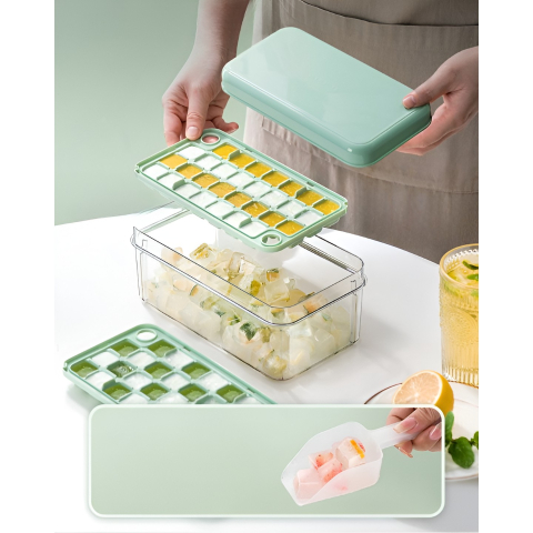 Set Cutie pentru Gheata, Uz Casnic, Doua Tavite pentru Cuburi, Capac Etans, Lopata, 23.5x13.3x10 cm, Verde [2]