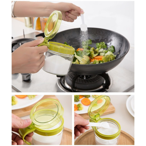 Recipient Condimente, din Stilca, 180 ml, cu Maner si Lingurita, 8 x 9 cm, Capac Transparent, Verde [4]