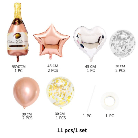 Set 9 Baloane din Folie Metalizat? si din Latex, Model Sticla de Sampanie, Baloane Party, Bat si Adeziv Incluse, Umflare cu Aer sau Heliu, Roz Alb [1]