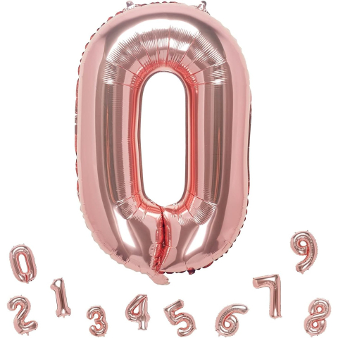 Balon din Folie Metalizata Figurina Cifra, Tema Aniversare 40 cm, Ambalaj Individual, Pai inclus, Umflare cu Aer sau Heliu, Rose Gold, Cifra 0 [6]