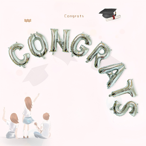 Set Baloane din Folie Metalizat?, Model Congrats, Litere de 40 cm, Baloane Absolvire, Ambalaj Individual, Pai inclus, Umflare cu Aer sau Heliu, Argintiu [1]