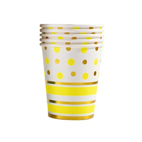 Articole Servire Masa - Set 10 Pahare, Imprimeu cu Buline si Dungi, din Carton, 250 ml, 7.5 x 8.5 x 5.2 cm, Galben/Auriu