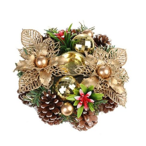 Suport Decorativ Lumanare - Suport pentru Lumanare de Craciun, Model Cupa cu 2 Globutele Aurii si 2 Flori cu Conuri, Sfesnic de Tip Ghirlanda, Decoratiune pe Masa de Craciun, 17.5 x 17.5 x 7 cm, Auriu