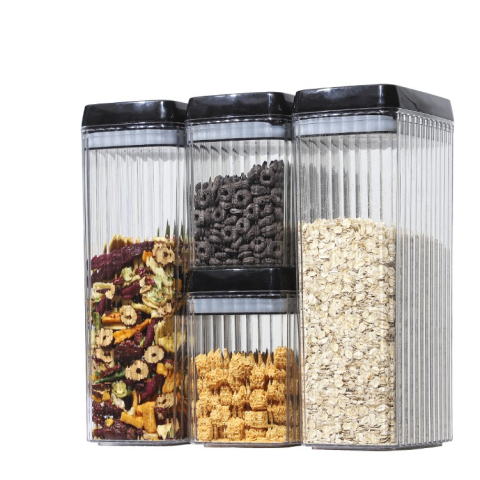 Organizatoare si Depozitare Bucatarie - Set 4 Recipiente din Plastic, pentru Alimente/Obiecte, Inchidere Ermetica, Textura Ondulata, 2 x 1.5l, 2 x 3.3 l, Transparent