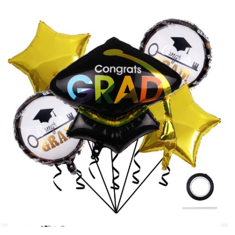 Baloane si Accesorii Absolvire - Baloane cu tematica Absolvire, set din 5 baloane, 1 Figurina Toca, 2 stele, 2 rotunde, din folie de aluminiu, 70 x 40 cm, Aer si Heliu, Auriu Negru