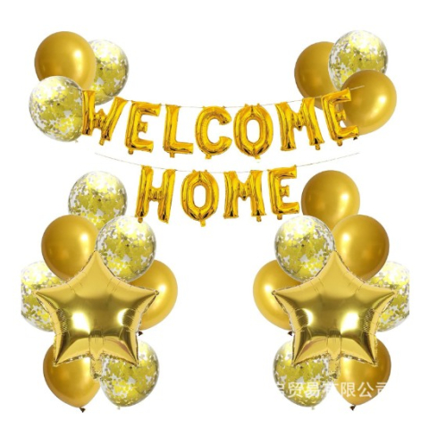 Seturi Baloane Folie - Set baloane folie si latex, WELCOME HOME, 22 de piese, 20 baloane latex, 2 baloane stea Folie, 1 set Welcome Home, Auriu
