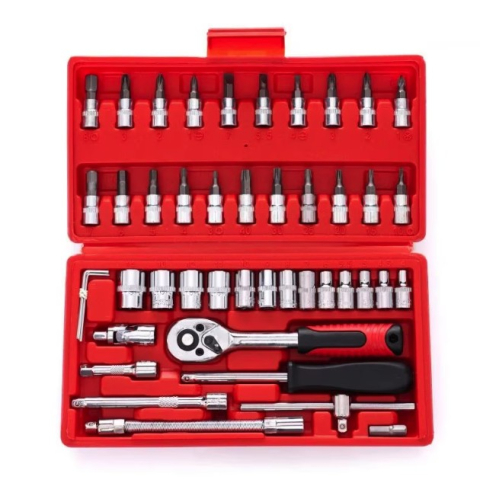 Chei tubulare Set 46 de Piese, Trusa Scule de Reparatii Auto, Prelungitoare Rigid si Flexibil, Articulatie Cardanica, Antrenor de Forta Glisant, Adaptoare, Maner pentru Surubelnita, 23 x 12 x 4 cm, 1.9 kg, Cutie Rosie [3]