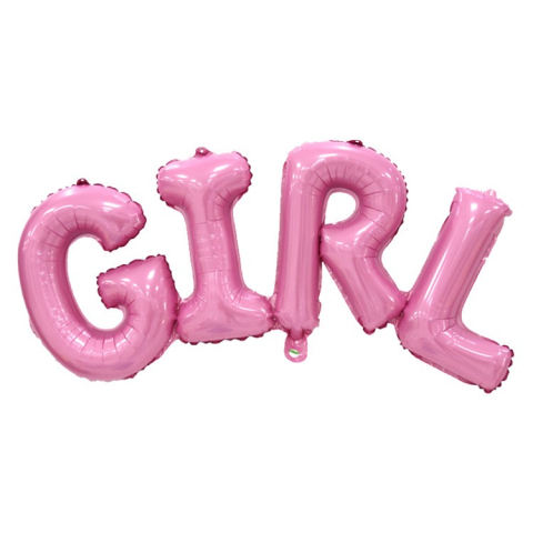 Tematica Fata/Baiat - Set Baloane din Folie Metalizat?, Model Scris Girl, 43x106.5 cm, Tematica Baby Shower, Baloane Party, Ambalaj Individual, Pai Inclus, Umflare cu Aer sau Heliu, Roz