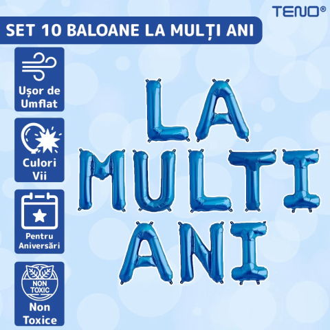 Set 10 Baloane din Folie Metalizata, Figurine Litere, Model La multi ani, Tema Aniversare, 40 cm, Ambalaj Individual, Pai Inclus, Umflare cu Aer sau Heliu, Albastru [2]