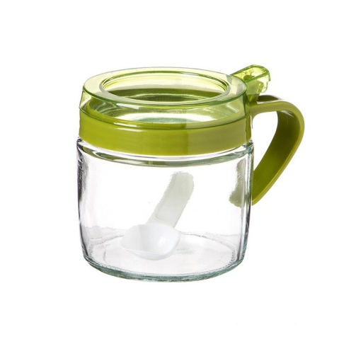 Articole pentru Bucatarie - Recipient Condimente, din Stilca, 180 ml, cu Maner si Lingurita, 8 x 9 cm, Capac Transparent, Verde
