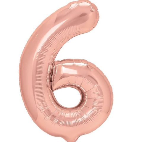 Cifre - Balon din Folie Metalizata Figurina Cifra, Tema Aniversare 40 cm, Ambalaj Individual, Pai inclus, Umflare cu Aer sau Heliu, Roz Gold, Cifra 6