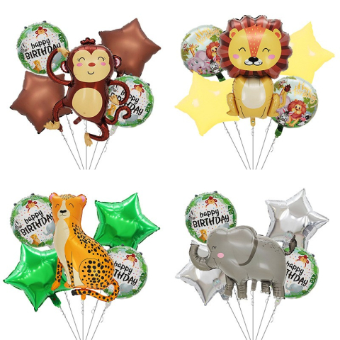 Set 5 Baloane din Folie Metalizata, Figurine, Tema Aniversare Jungla, Pai Inclus, Ambalaj Individual, Umflare cu Aer sau Heliu, Figurina Leu 69.5x101 cm, Stelute si Cerculete 45 cm, Multicolor [3]