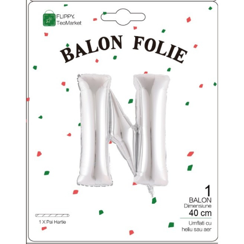 Balon Folie Metalizata Litera N, 40 cm, Umflati cu Heliu sau Aer, Ambalaj Individual, Pai inclus, Argintiu [1]