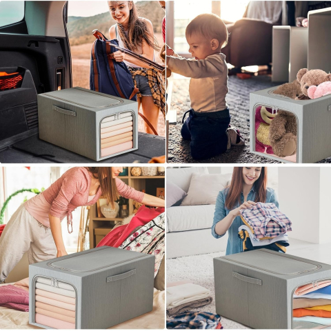 Cutie de Depozitare, 49L, din In si Bumbac, Pliabila, Cadru din Otel, 47 x 35 x 30 cm, Albastru Fumuriu [3]