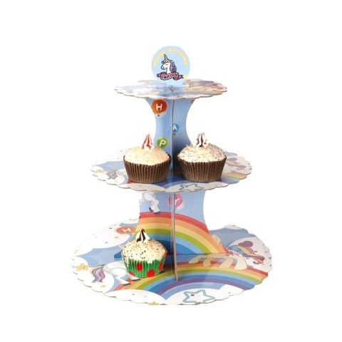 Articole Servire Masa - Suport Etajat pentru Prajituri, cu Tematica Unicorni si Curcubee, 3 Nivele, Model 4, Multicolor