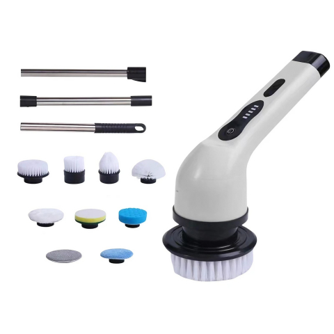Maturi, Perii, Mopuri si Galeti - Perie Electrica de Curatare, pentru Gresie, Baie, Bucatarie, 25x20x9.5 cm, cu 9 Capete, Maner Extensibil Detasabil 84-127cm, Incarcare USB-Type C, Rotire 360 de Grade, 3000 mAh, Culoare: Alb