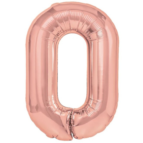 Cifre - Balon din Folie Metalizata Figurina Cifra, Tema Aniversare 40 cm, Ambalaj Individual, Pai inclus, Umflare cu Aer sau Heliu, Rose Gold, Cifra 0