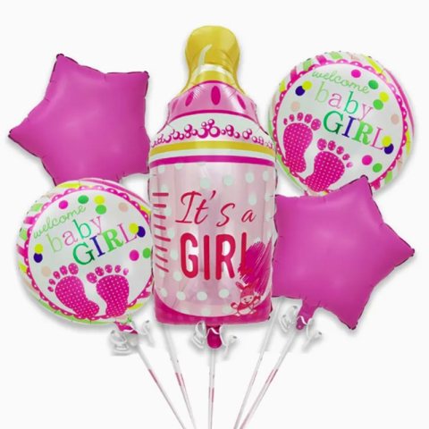 Tematica Fata/Baiat - Baloane decorative GENDER REVEAL PARTY, Figurina Sticluta, Model IT'S A GIRL, Set din 5 baloane, 40 x 77 cm, pentru Botez, Roz