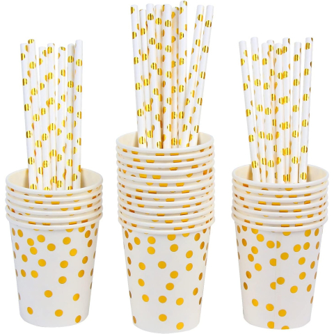 Set 10 Pahare, Imprimeu cu Buline, din Carton, 250 ml, 7.5 x 8.5 x 5.2 cm, Auriu [2]