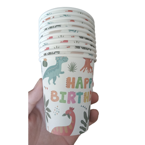 Articole Servire Masa - Set 10 Pahare, Imprimeu cu Dinozaurii, din Carton, 250 ml, 7.5 x 8.5 x 5.2 cm, Multicolor