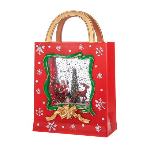 Decoratiuni Luminoase - Decoratiune de Craciun, Model Sacosa Cadou cu Mos Craciun si Ren, Iluminare LED si Efect Zapada, 23 x 15 x 7.3 cm, Rosu