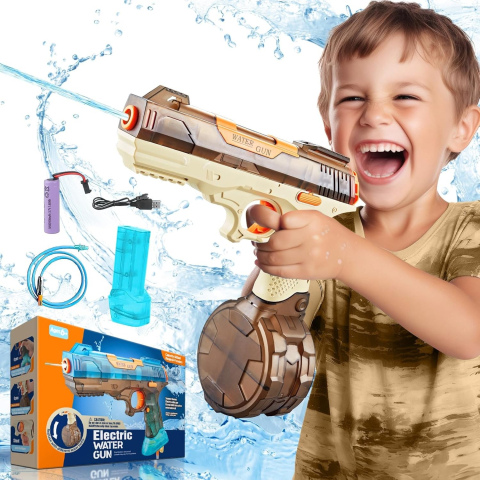 Pistol cu Apa Electric, 2 Rezervoare 75/350 ml, din ABS+Silicon, Baterie, Incarcare USB, Conectare la Furtun, +6 Ani, Maro [5]