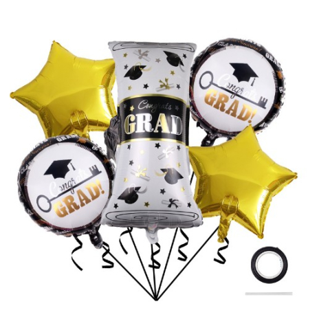 Baloane si Accesorii Absolvire - Baloane cu tematica Absolvire, set din 5 baloane, 1 Figurina Diploma, 2 stele, 2 rotunde, din folie de aluminiu, 70 x 40 cm, Aer si Heliu, Auriu Negru