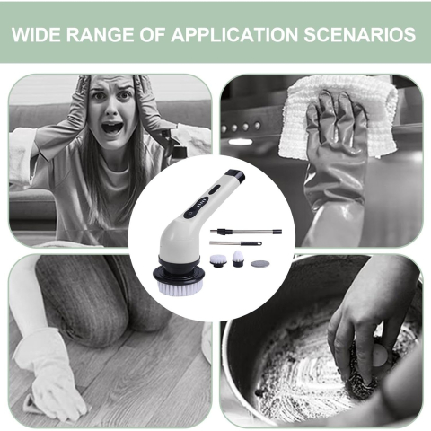 Perie Electrica de Curatare, pentru Gresie, Baie, Bucatarie, 25x20x9.5 cm, cu 6 Capete, Maner Extensibil Detasabil 84-127cm, Incarcare USB-Type C, Rotire 360 de Grade, 3000 mAh, Culoare: Alb [6]