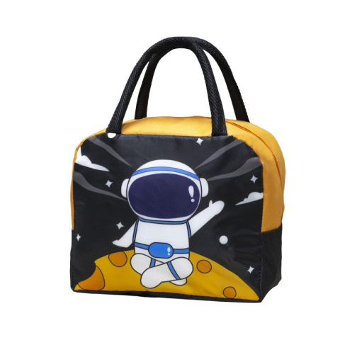 Genti Termoizolante Mancare - Geanta Termoizolanta pentru Copii, 23x13x19 cm, Model Imprimeu Astronaut, din Folie de Aluminiu si Panza Oxford, Negru/Portocaliu