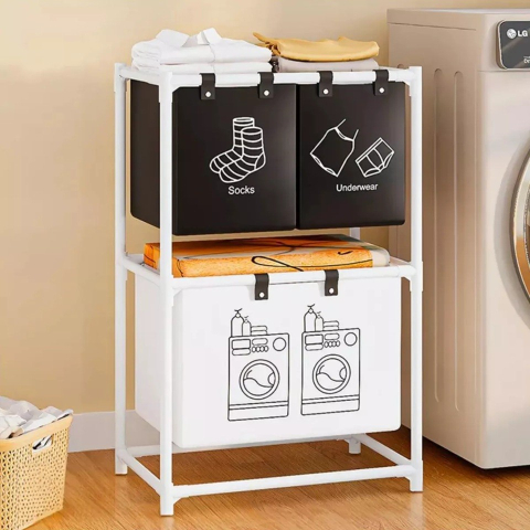 Cos de Rufe, cu 2 Etaje, 3 Cosuri, Cadru de Otel Inoxidabil, 97x28x57 cm, Alb [1]