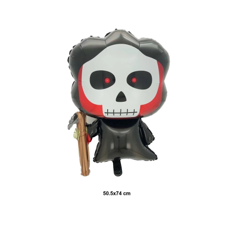 Set 5 Baloane din Folie Metalizata, Figurine, Tema Halloween, Pai Inclus, Ambalaj Individual, Umflare cu Aer sau Heliu, Figurina Craniu 50.5x74 cm, Stelute si Cerculete 45 cm, Alb-Negru [1]