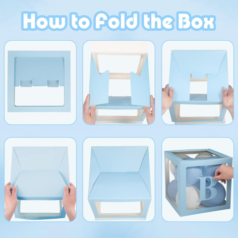 Set 4 Cutii pentru Baloane, Model Scris Baby, Tematica Iubire, Cuburi Decorative din Plastic, Accesorii pentru Petrecere, 30 x30 cm, Transparente Contur Albastru [2]