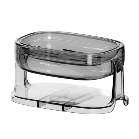 Articole pentru baie - Savoniera cu Suport 2 in 1, Pentru Perete sau Blat, PET, Scurgere Optima, GriTransparent