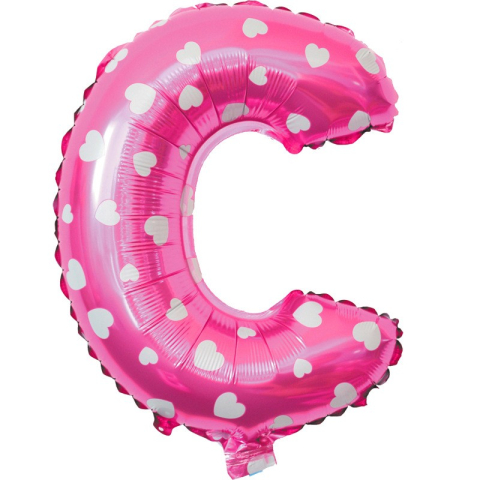 Balon Folie Metalizata Litera C, 40 cm, Cu Imprimeu Inimioare, Umflati cu Heliu sau Aer, Ambalaj Individual, Pai inclus, Roz [2]