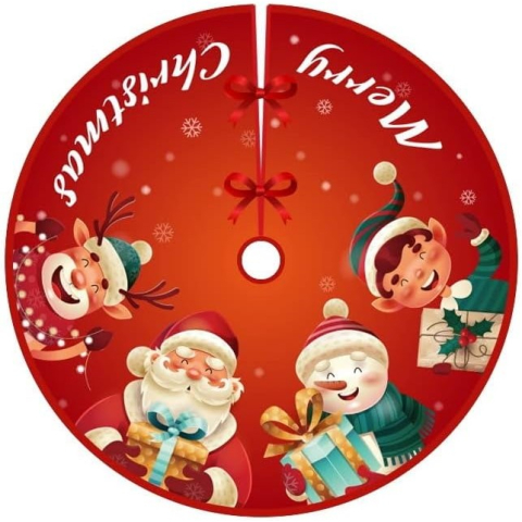 Covorase Brad - Covoras pentru Bradul de Craciun, din Tesatura Pufoasa, cu Fundite de Prindere, Model Mos Craciun si Ajutoarele, Rosu, Diametru 90 cm