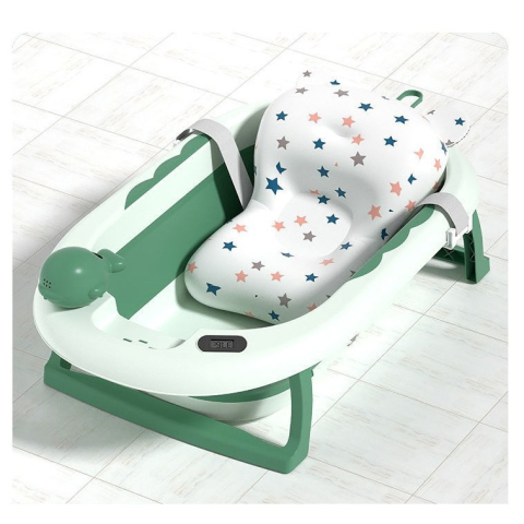 Cada de Baie, pentru Copii 0 luni - 6 Ani, cu Termometru, Pliabila, Perna Suport Inclusa, din Plastic, 81.5 x 49 x 21.5 cm, Verde [2]