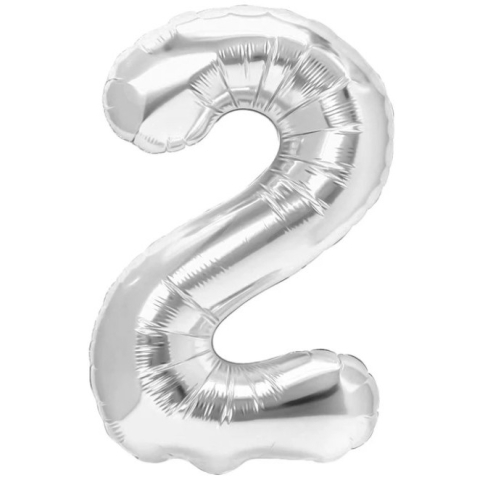 Cifre - Balon din Folie Metalizata, Figurina Cifra, Tema Aniversare 40 cm, Ambalaj Individual, Pai inclus, Umflare cu Aer sau Heliu, Argintiu, Cifra 2