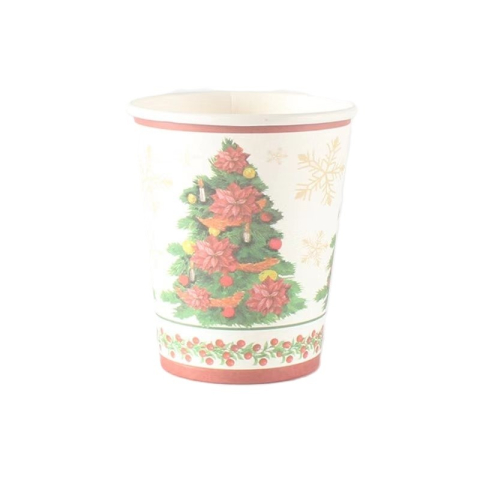 Articole Servire Masa - Set 10 Pahare, Imprimeu Brad de Craciun, din Carton, 250 - 300 ml, 7.5 x 8.4 x 5.3 cm, Multicolor