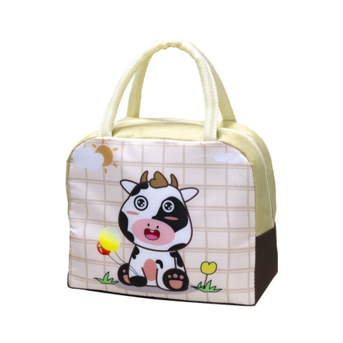 Genti Termoizolante Mancare - Geanta Termoizolanta pentru Copii, 23x13x19 cm, Model Imprimeu Vacuta, din Folie de Aluminiu si Panza Oxford, Bej